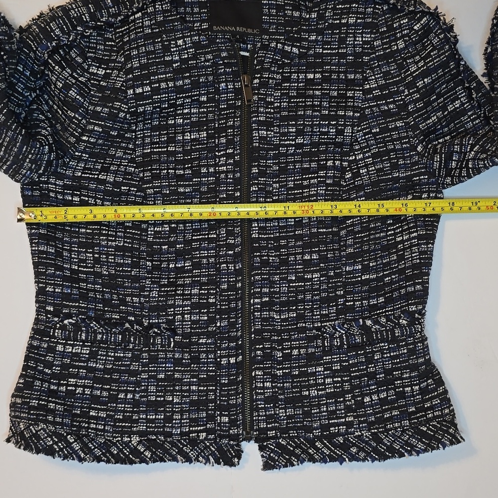 Banana Republic Tweed Zip Up Fringe Navy Off white Cotton Blend Jacket Blazer 4 - Picture 12 of 15